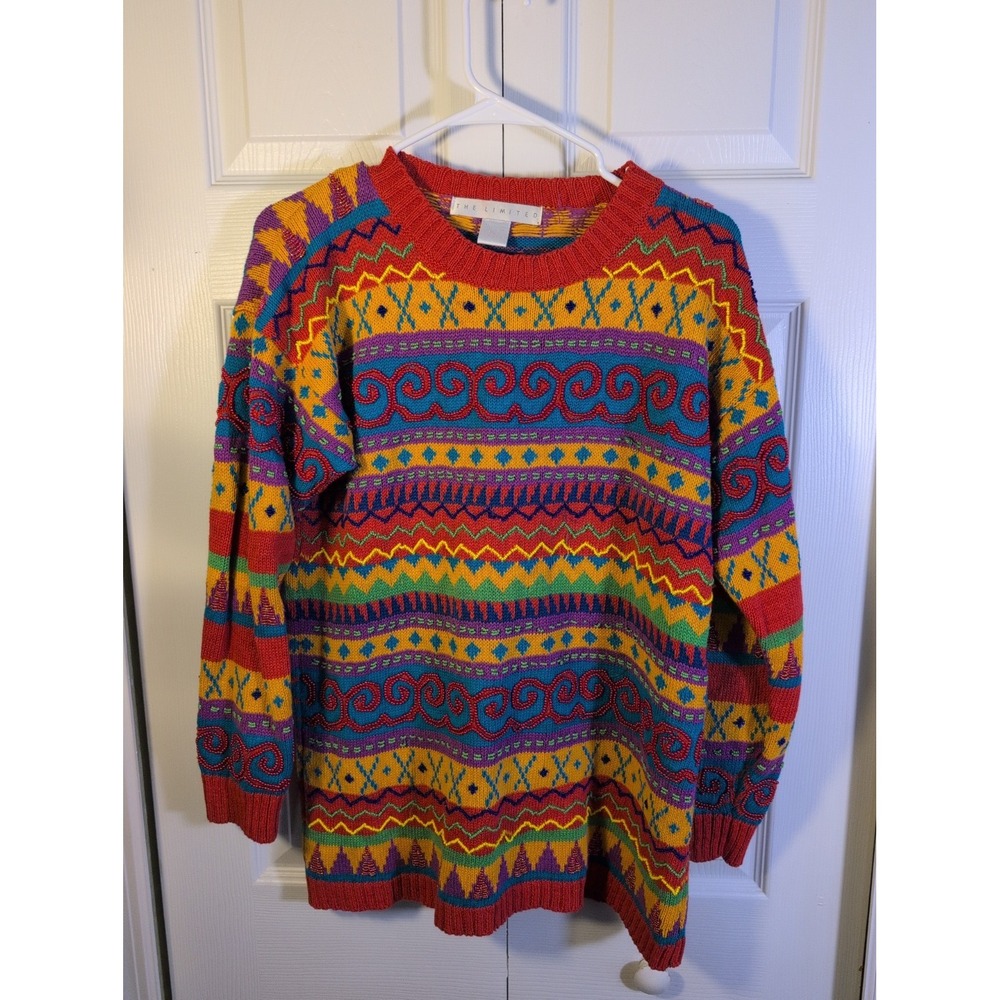 Vintage 90s Y2K The Limited Colorful Boho Beaded Sweater Petite Small